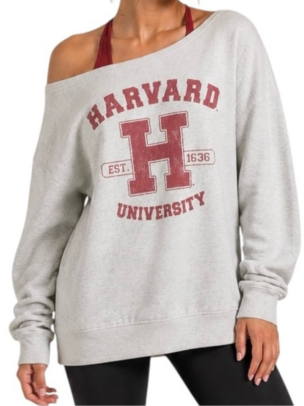 Harvard University Off Shoulder Slouchy Sweatshirt Gray Crimson L NWOT